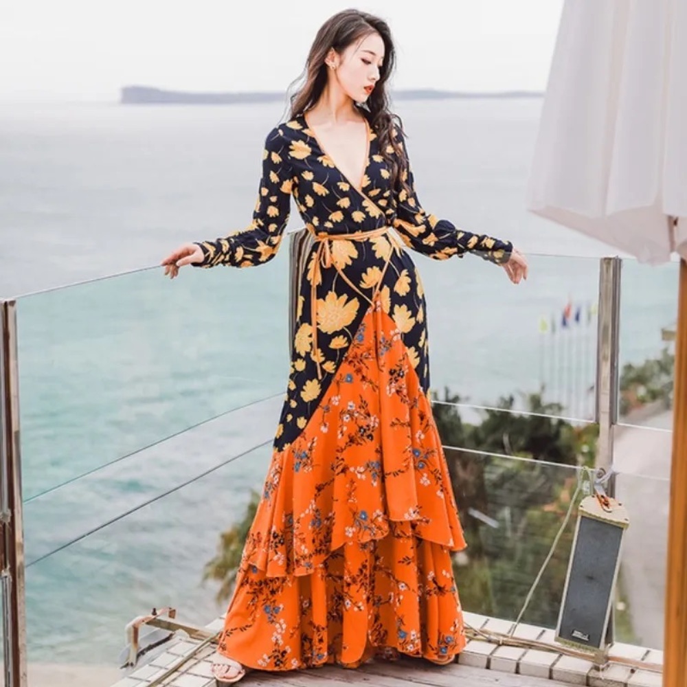 ZHU Cali Mixed Print Wrap Dress